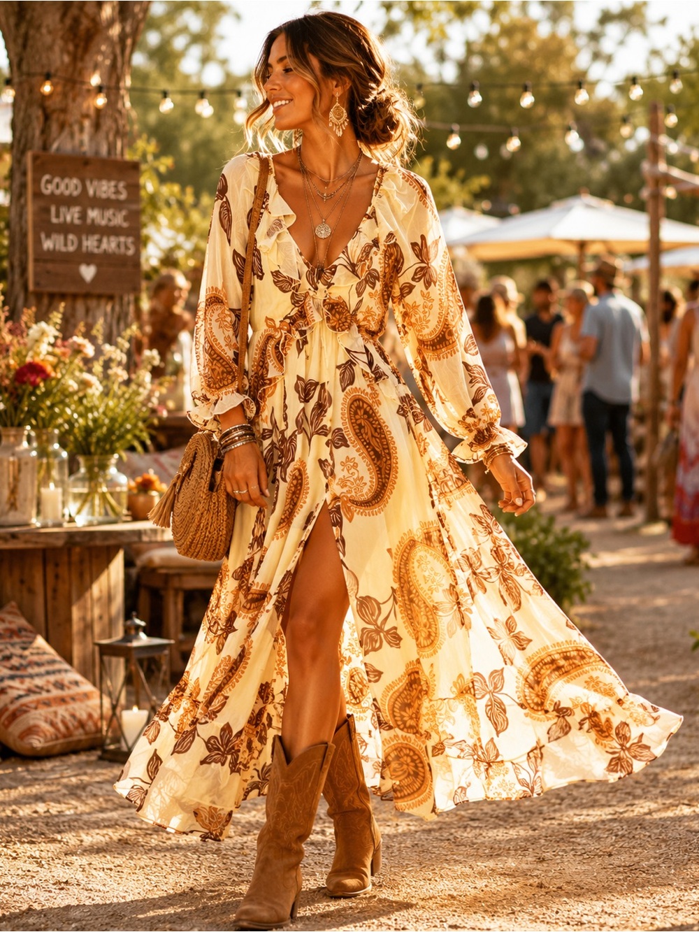 Patrons of Peace NWT Paisley Maxi Dress | Cream Brown Floral | Boho  Festival